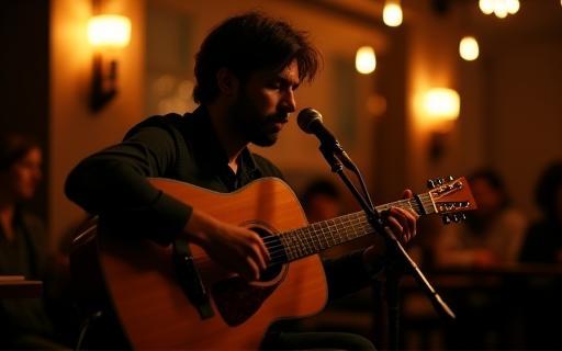 A skilled guitarist playing warmly lit in the corner of the cafe, with gentle patrons in the background.